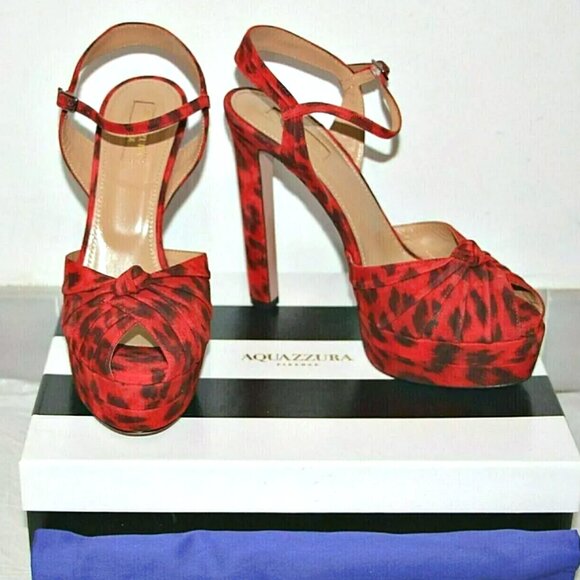 Aquazzura Evita Plateau 130 Red Leopard Suede Platform Sandals US 7/ IT 37  $895 - Picture 2 of 13